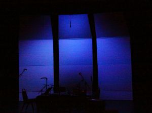 The stage at Kanbar Hall stands ready to receive performers on opening night of OM 18