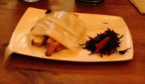 Appetizer- Fresh rice noodles wrapped with apple smoked tofu and miso glazed, grilled pumpkin hijiki salad