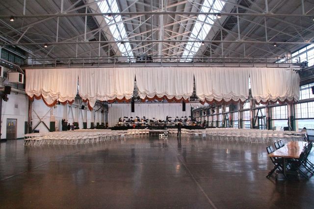 Looking toward the seating and the stage in the performance space at Craneway Pavilion.
