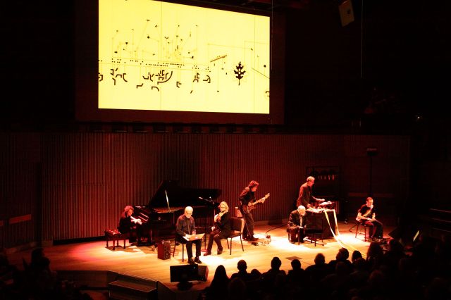 Applebaum's Metaphysics of Notation (2008) performed by the Other Minds Ensemble.  Left to right: Myra Melford, John Bischoff, Wendy Reid, John Schott, Joseph Byrd, Charles Amirkhanian and Charles Celeste Hutchins