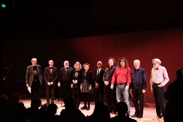 OM 19, the final bow.  Left to right: Charles Amirkhanian, Charles Celeste Hutchins, Joseph Byrd, Wendy Reid, Myra Melford, Roscoe Mitchell, John Schott, Mark Applebaum, John Bischoff, Don Buchla