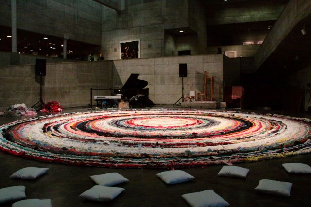 Staging set up for the Alvin Curran solo performance at the Berkeley Arts Museum