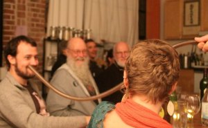 Gyan Riley, Terry Riley and Loren Rush attending the dinner/concert which featured Stuart Dempster.